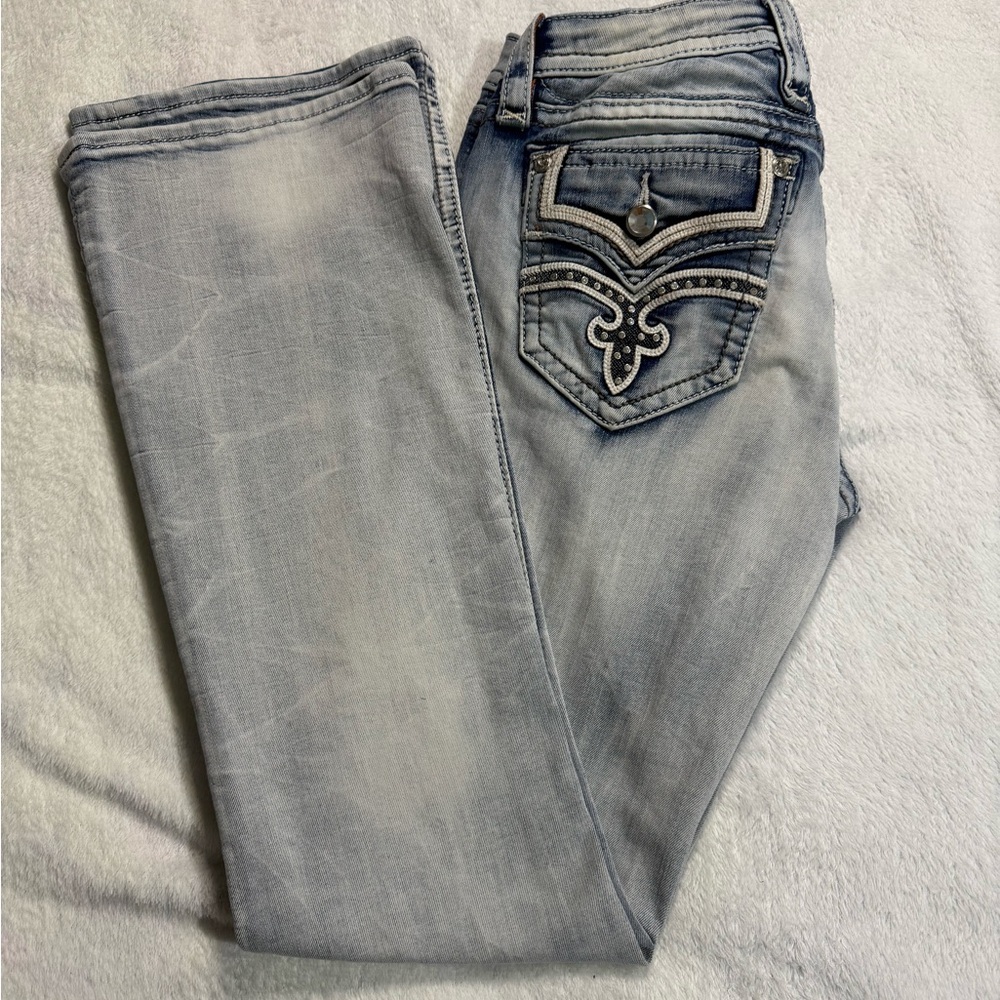 Rock Revival Blue Boot Cut Jeans with Decorative Stitching